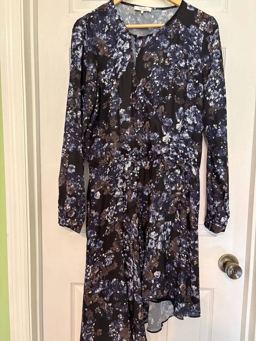 EUC Parker Long Sleeve Floral Print Asymmetrical Hem Dress, Large